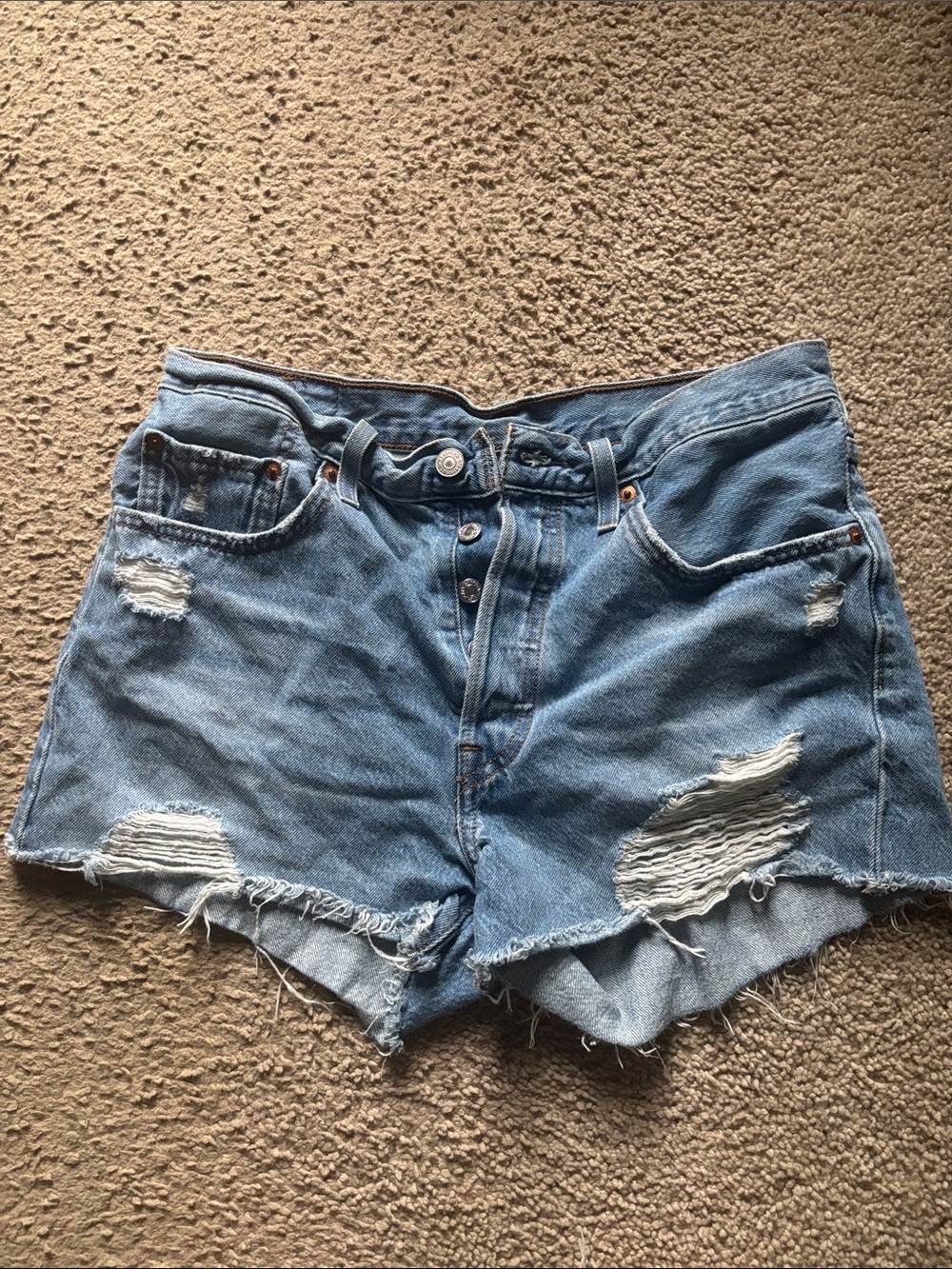 Levi's Light Blue Distressed High-Rise Denim Shorts